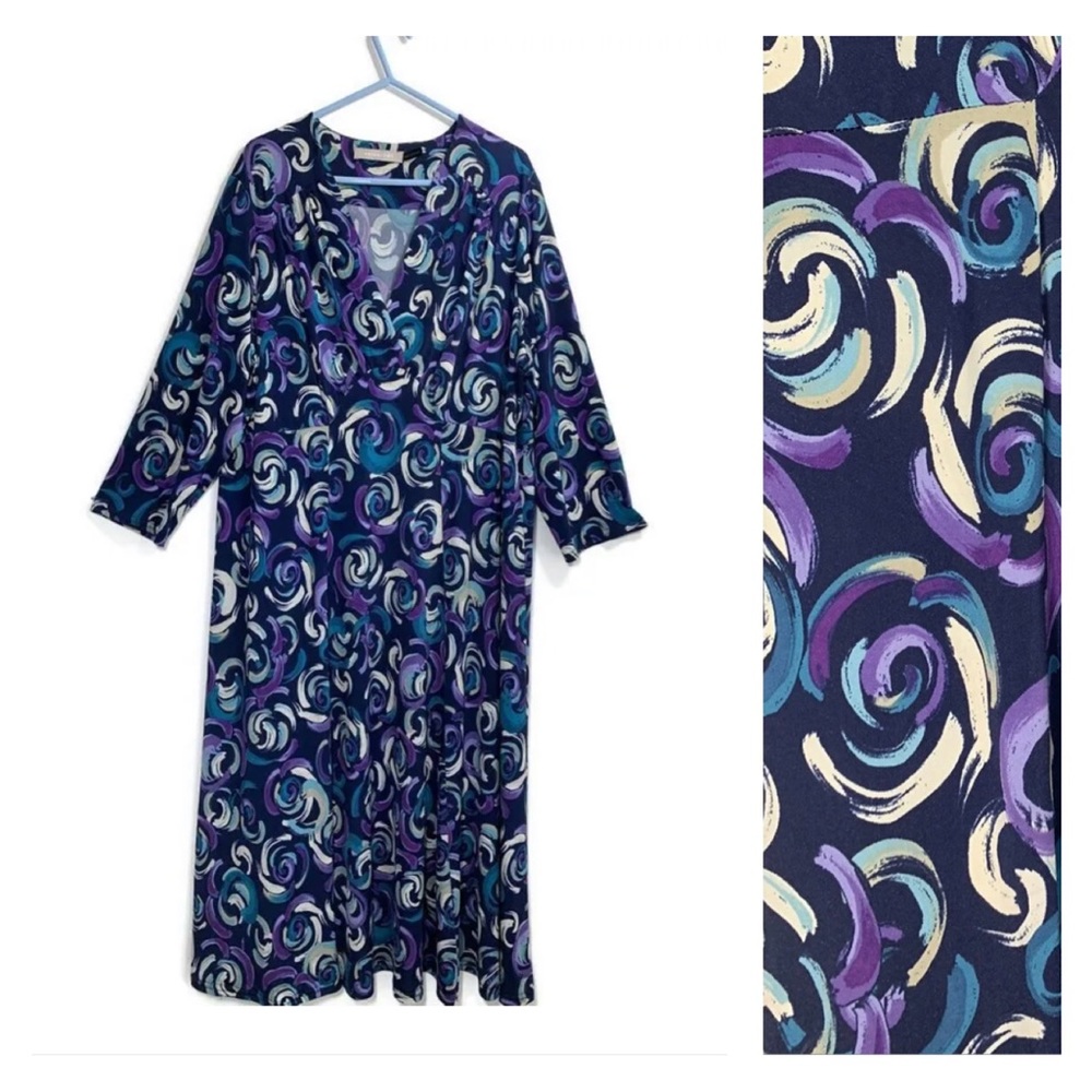Anthology Midi Dress Navy Floral 3/4 Sleeves V-Neck Stretch Jersey UK Size 22 - Picture 1 of 11